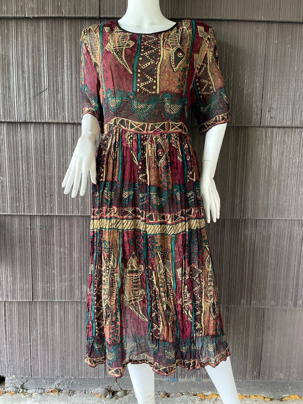 🔥Vintage Bila Animal Pint Pleated Ethnic Bohemian Grunge Batik Gypsy Midi Dress